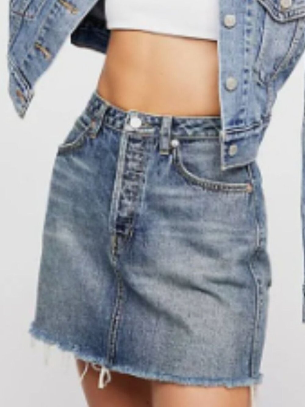 We The Free Mini Jean Skirt 30" Adjustable Waist Blue Denim Raw Hem Edgy Y2K